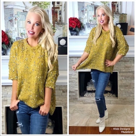 LAST! Mustard Confetti Scoop Neck Oversized Confetti Sweater! - Picture 3 of 7